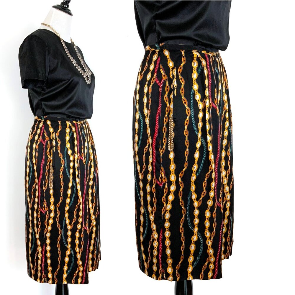 Hana Sung Midi Pleated Silk Skirt Chain Jewel Print Sz 12-10 - Picture 9 of 16